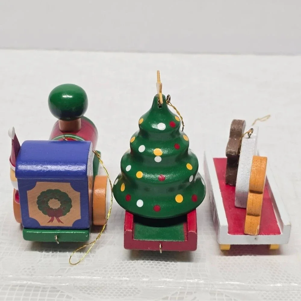 Vintage 80s Wooden Christmas Train Ornaments Set Of 3 Holiday Retro Santa